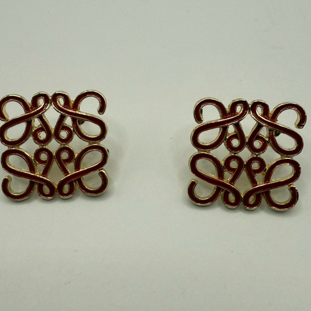Luxury Anagram gold tone red square interlocking, filigree- earrings. NEW